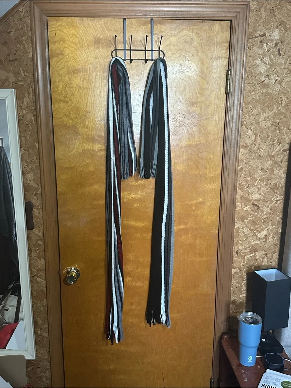 Two Striped Knit Scarf in Black, White & Gray and Black, White, Gray & Red